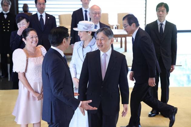 Philippine President Marcos Jr. in Japan Japanese Emperor Naruhito (front, R) chats with Philippine President Ferdinand Marcos Jr. (front L) at the Imperial Palace in Tokyo on May 27, 2026. Behind them are his wife Louise Araneta-Marcos (back, L) and Japanese Empress Masako. (Pool photo)  A14AA0005616889P