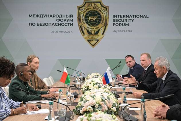 Russia International Security Forum 9174391 27.05.2026 Prime Minister of Madagascar Mamitiana Rajaonarison, second left, and Russian Security Council Secretary Sergei Shoigu, right, attend a meeting held as part of the 1st International Security Forum (ISF) at Live Arena, outside Moscow, Russia. Alexey Nikolskiy Sputnik Moscow region Russia  Copyright: xAlexeyxNikolskiyx