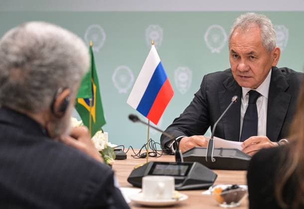 Russia International Security Forum 9174470 27.05.2026 Russian Security Council Secretary Sergei Shoigu attends a meeting with Special Advisor to the President of Brazil for Foreign Policy Celso Amorim held as part of the 1st International Security Forum (ISF) at Live Arena, outside Moscow, Russia. Alexey Nikolskiy Sputnik Moscow region Russia  Copyright: xAlexeyxNikolskiyx