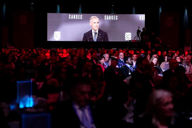 May 27, 2026, Ottawa, On, CANADA: Prime Minister Mark Carney is seen on a screen as he makes an address at the Canadian Association of Defence and Security Industries annual defence industry trade show CANSEC, in Ottawa, on Wednesday, May 27, 2026. Ottawa CANADA  - ZUMAc35_ 20260527_zaf_c35_004 Copyright: xJustinxTangx