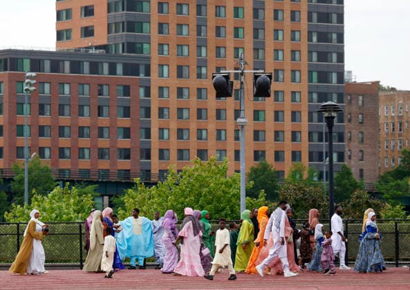 Worshipers arrive before New York City Mayor Zohran Kwame Mamdani participates in Eid al-Adha prayers at Macombs Dam Park on Wednesday, May 27 2026 in New York City. Eid al-Adha, also known as the Festival of Sacrifice, is the second major Islamic festival of the year.  NYP20260527113 JOHNxANGELILLO