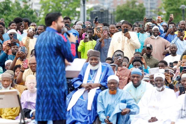 New York City Mayor Zohran Kwame Mamdani speaks to worshipers after he participates in Eid al-Adha prayers at Macombs Dam Park on Wednesday, May 27 2026 in New York City. Eid al-Adha, also known as the Festival of Sacrifice, is the second major Islamic festival of the year.  NYP20260527123 JOHNxANGELILLO