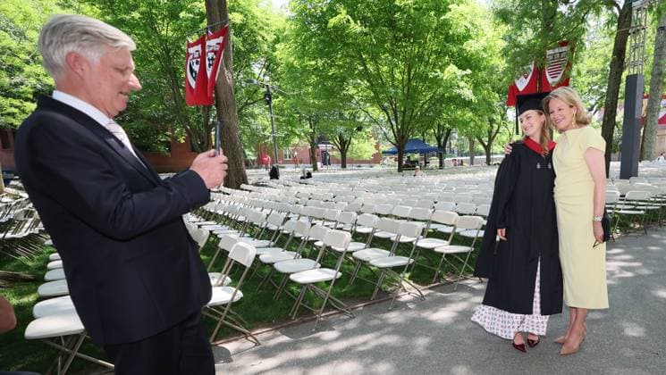 King Philippe - Filip of Belgium takes pictures of Crown Princess Elisabeth and Queen Mathilde of Belgium at the Class of 2026 graduation ceremony in Harvard Kennedy School, Harvard University, in Cambridge, USA, Wednesday 27 May 2026.  BENOITxDOPPAGNE 175193657