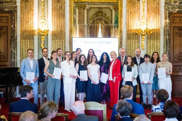 Princess Astrid of Belgium poses for a group photo at the presentation of the scientific prizes for the year 2026 of the Queen Elisabeth Medical Foundation (FMRE - GSKE), in Brussels, on Wednesday 27 May 2026. Academic session of the Queen Elisabeth Medical Foundation and presentation of the Foundation s scientific prizes for the year 2026. The scientific prizes aim to support Belgian researchers in the field of neuroscience. Several projects have been selected by the Foundation s Board of Directors on the proposal of its Scientific Committee.  JASPERxJACOBS 175195433