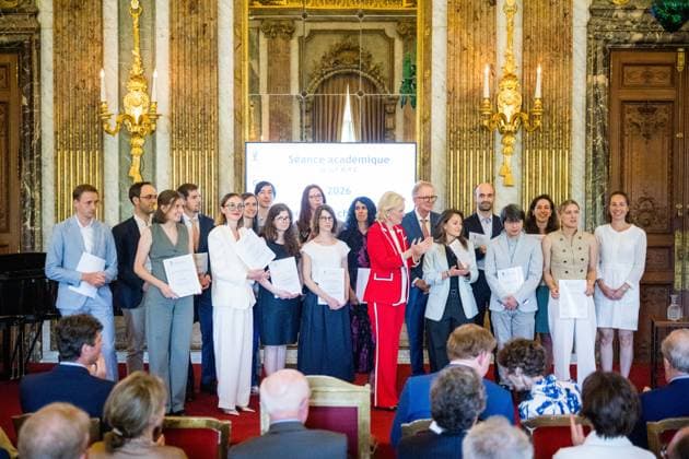 Princess Astrid of Belgium poses for a group photo at the presentation of the scientific prizes for the year 2026 of the Queen Elisabeth Medical Foundation (FMRE - GSKE), in Brussels, on Wednesday 27 May 2026. Academic session of the Queen Elisabeth Medical Foundation and presentation of the Foundation s scientific prizes for the year 2026. The scientific prizes aim to support Belgian researchers in the field of neuroscience. Several projects have been selected by the Foundation s Board of Directors on the proposal of its Scientific Committee.  JASPERxJACOBS 175195491