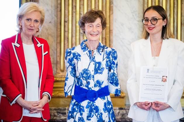 Princess Astrid of Belgium and Representative of Prof. Dr. Sebastiaan De Schepper pictured during the presentation of the scientific prizes for the year 2026 of the Queen Elisabeth Medical Foundation (FMRE - GSKE), in Brussels, on Wednesday 27 May 2026. Academic session of the Queen Elisabeth Medical Foundation and presentation of the Foundation s scientific prizes for the year 2026. The scientific prizes aim to support Belgian researchers in the field of neuroscience. Several projects have been selected by the Foundation s Board of Directors on the proposal of its Scientific Committee.  JASPERxJACOBS 175197267