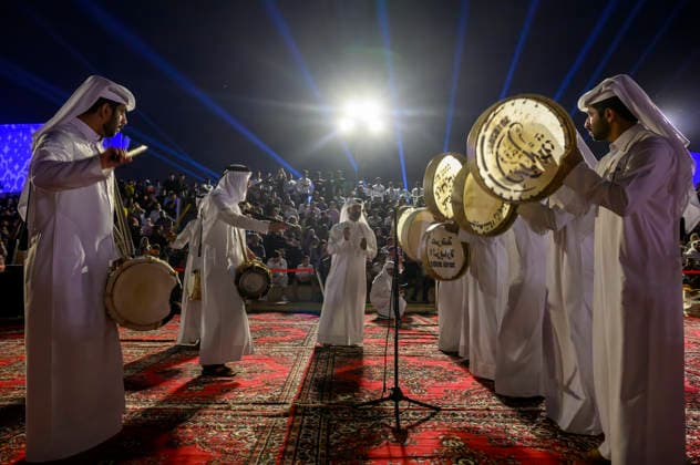 Eid Al-Adha celebrations 2026 in Doha, Qatar - 27 MAY 2026. A Qatari traditional band seen performing during Eid al-Adha celebrations marking the first day of the Muslim festival of Eid al-Adha at Katara Cultural Village. Muslims around the world celebrate Eid al-Adha, one of IslamÕs most important holidays, which commemorates Prophet AbrahamÕs willingness to sacrifice his son in obedience to God Doha Qatar Copyright: xNoushadxVariyattiyakkalx xSOPAxImagesx NVRITYAKAL-002