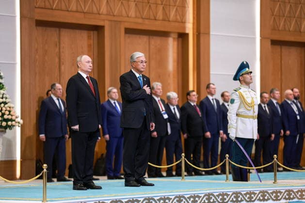 KAZAKHSTAN, ASTANA - MAY 28, 2026: Russia s President Vladimir Putin and Kazakhstan s President Kassym-Jomart Tokayev (L-R front) pose during a welcome ceremony at the Independence Palace. Alexander Shcherbak TASS  93123484