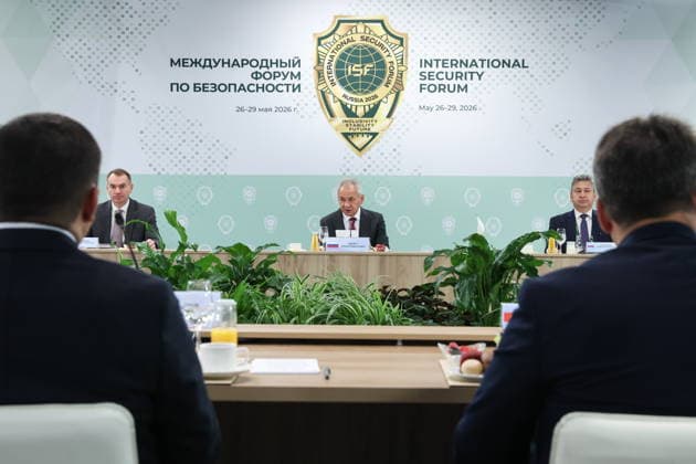 RUSSIA, MOSCOW REGION - MAY 28, 2026: Russian Security Council Secretary Sergei Shoigu (C) attends an informal meeting of secretaries of security councils of the CIS states on the sidelines of the 1st International Security Forum. Valery Sharifulin TASS  93123812