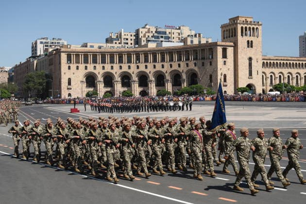 ARMENIA, YEREVAN - MAY 28, 2026: Servicemen march in formation during a military parade in Republic Square marking the 103rd anniversary of the First Armenian Republic. Alexander Patrin TASS  93123969