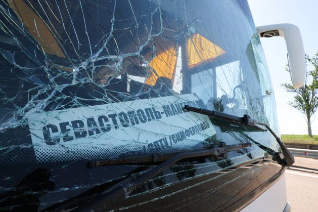 RUSSIA, DONETSK PEOPLE S REPUBLIC - MAY 28, 2026: The interior a Makeyevka-to-Sevastopol intercity coach damaged in a drone attack near Donetsk. Dmitry Yagodkin TASS  93124329