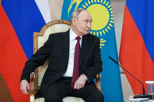 KAZAKHSTAN, ASTANA - MAY 28, 2026: Russia s President Vladimir Putin looks on during a meeting with Kazakhstan s President Kassym-Jomart Tokayev at the Independence Palace. Alexander Kazakov Russian Presidential Press and Information Office TASS  93125135