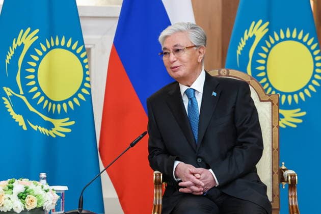 KAZAKHSTAN, ASTANA - MAY 28, 2026: Kazakhstan s President Kassym-Jomart Tokayev looks on during a meeting with Russia s President Vladimir Putin at the Independence Palace. Alexander Kazakov Russian Presidential Press and Information Office TASS  93125137