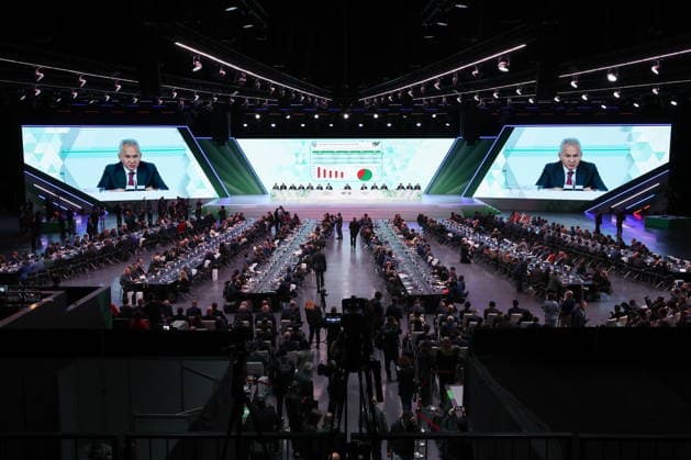 RUSSIA, MOSCOW REGION - MAY 28, 2026: Russian Security Council Secretary Sergei Shoigu (on screens) attends the opening of the 14th International Meeting of High Representatives for Security Issues on the sidelines of the 1st International Security Forum. Valery Sharifulin TASS  93125157