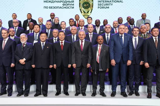 RUSSIA, MOSCOW REGION - MAY 28, 2026: Russian Security Council Secretary Sergei Shoigu (5th R front) poses for a group photograph at the opening of the 14th International Meeting of High Representatives for Security Issues on the sidelines of the 1st International Security Forum. Valery Sharifulin TASS  93125467