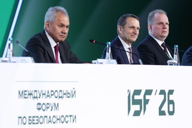 RUSSIA, MOSCOW REGION - MAY 28, 2026: Russian Security Council Secretary Sergei Shoigu and Sergei Naryshkin (L-R), Head of the Foreign Intelligence Service, attend the opening of the 14th International Meeting of High Representatives for Security Issues on the sidelines of the 1st International Security Forum. Valery Sharifulin TASS  93125146