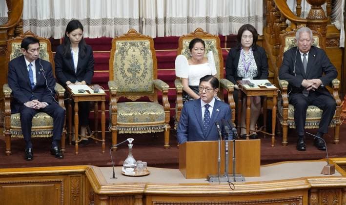 Philippine president in Japan s parliament Philippine President Ferdinand Marcos Jr. makes a speech in the plenary chamber of the House of Councillors in Tokyo on May 28, 2026.  A14AA0005617043P