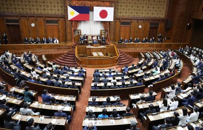 Philippine president in Japan s parliament Philippine President Ferdinand Marcos Jr. makes a speech in the plenary chamber of the House of Councillors in Tokyo on May 28, 2026.  A14AA0005617045P