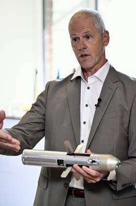 Thales Product line director Olivier Heuschen talks at a visit to the Thales rocket systems production site in Herstal, on Thursday 28 May 2026. French aerospace and defence corporation Thales Group is presenting their SkyDefender missile defence system.  ERICxLALMAND 175247040