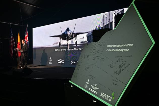 Prime Minister Bart De Wever delivers a speech at the official opening of the new production line dedicated to the F-35 program of aerospace company Sonaca, on Thursday 28 May 2026 in Sonacas site in Gosselies, Charleroi.  DIRKxWAEM 175249034