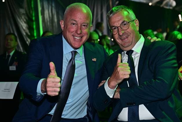 US ambassador to Belgium Bill White and Walloon vice-minister president Pierre-Yves Jeholet pictured at the official opening of the new production line dedicated to the F-35 program of aerospace company Sonaca, on Thursday 28 May 2026 in Sonacas site in Gosselies, Charleroi.  DIRKxWAEM 175249039