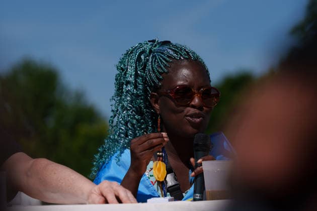 Climate Camp activists prepare for demonstration weekend in Hamm Germany - Hamm, 28.05.2026 Climate Camp activist Ina-Maria Shikongo speaks during press conference ahead of planned demonstrations against fossil gas infrastructure in Hamm. Organizers announced actions and protests scheduled for Friday and Saturday. North Rhine-Westphalia