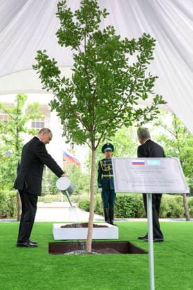KAZAKHSTAN, ASTANA - MAY 28, 2026: Russia s President Vladimir Putin (L) and Kazakhstan s President Kassym-Jomart Tokayev take part in a tree-planting ceremony on the Alley of Eternal Friendship between Russia and Kazakhstan. Alexander Kazakov Russian Presidential Press and Information Office TASS  93130573