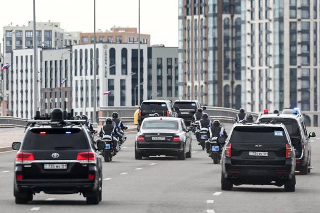 KAZAKHSTAN, ASTANA - MAY 28, 2026: A motorcade of Russia s President Vladimir Putin during his state visit to Kazakhstan. Alexander Kazakov Russian Presidential Press and Information Office TASS  93130778