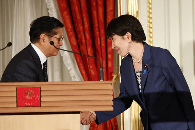 Japan s Prime Minister Sanae Takaichi - Philippines President Ferdinand Marcos Jr. meeting in Tokyo TOKYO, JAPAN - MAY 28: (---EDITORIAL USE ONLY – MANDATORY CREDIT - RODRIGO REYES MARIN POOL - NO MARKETING NO ADVERTISING CAMPAIGNS - DISTRIBUTED AS A SERVICE TO CLIENTS----) Philippine President Ferdinand Marcos Jr. and Japanese Prime Minister Sanae Takaichi shakes hands during a joint press conference at the Akasaka Palace State Guest House on May 28, 2026, in Tokyo, Japan. Rodrigo Reyes Marin Anadolu Tokyo Japan. Editorial use only. Please get in touch for any other usage.  Copyright: x2026xAnadoluxRodrigoxReyesxMarinx