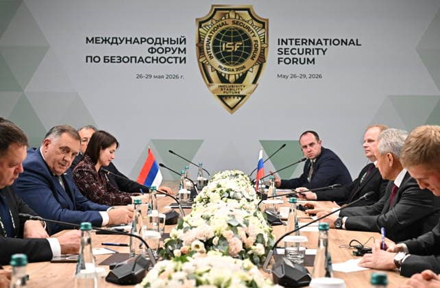 RUSSIA, MOSCOW REGION - MAY 28, 2026: Milorad Dodik (2nd L), President of the Alliance of Independent Social Democrats, Bosnia and Herzegovina, and Russian Security Council Secretary Sergei Shoigu (2nd R) hold a meeting on the sidelines of the 1st International Security Forum Russia  - ZUMAt113 20260528_zaa_t113_344 Copyright: xKristinaxSolovyevax