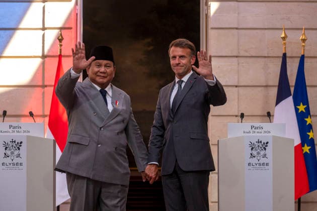 Le président de la République française Emmanuel Macron et le président indonésien Prabowo Subianto lors dune conférence de presse conjointe au palais présidentiel de lÉlysée à Paris, France, le 28 mai 2026 Xavier Popy Pool Bestimage French President Emmanuel Macron and Indonesias President Prabowo Subianto during a joint press statement at The Elysee Presidential Palace in Paris, France, on May 28, 2026 Paris France  Copyright: xXavierxPopy Pool BestimagexXavierxPopy Pool Bestimagex