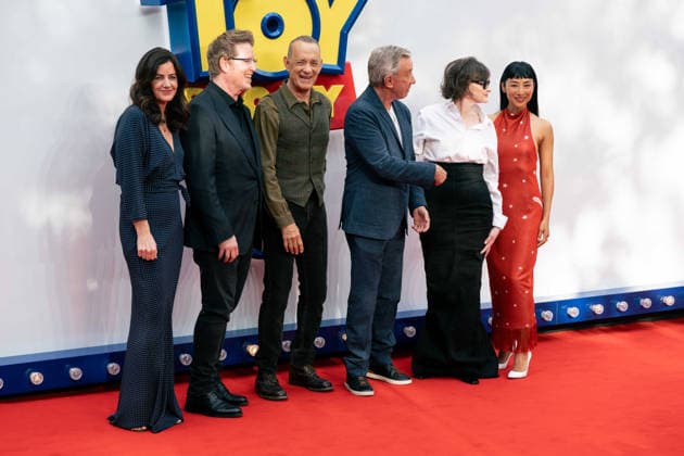 Toy Story 5 UK Launch Event - Arrivals T(L-R) Lindsey Collins, Andrew Stanton, Tom Hanks, Tim Allen, Joan Cusack and Greta Lee attend the Toy Story 5 UK launch event at Odeon Luxe Leicester Square on May 28, 2026 in London, England., Credit:Lounis Tiar Avalon United Kingdom, London  Copyright: xLounisxTiarx xAvalonx 1106358118
