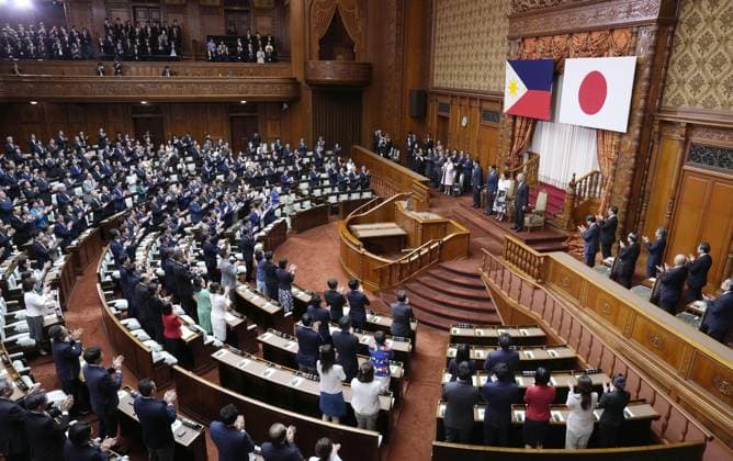 Philippine president in Japan s parliament Japanese lawmakers greet Philippine President Ferdinand Marcos Jr. and his wife Louise Araneta-Marcos with applause in the House of Councillors in Tokyo prior to his speech on May 28, 2026.  A14AA0005617087P