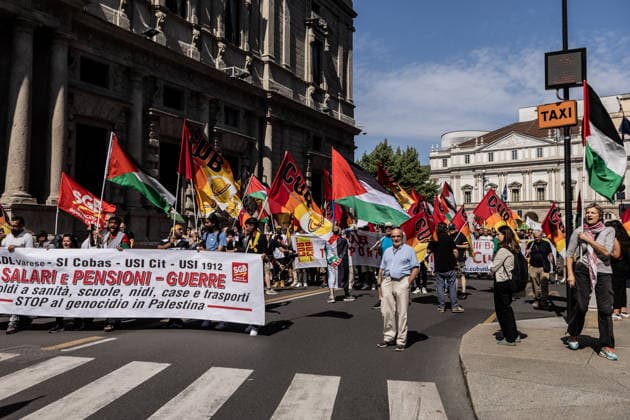 General workers strike in Milan MILAN, ITALY - MAY 29: Hundreds of people holding flags and banners take part in a demonstration against the ongoing wars in Palestine, Lebanon, and Iran, and against public spending on armaments during general workers strike in Milan, Italy, on May 29, 2026. Andrea Carrubba Anadolu Milan Italy. Editorial use only. Please get in touch for any other usage.  Copyright: x2026xAnadoluxAndreaxCarrubbax