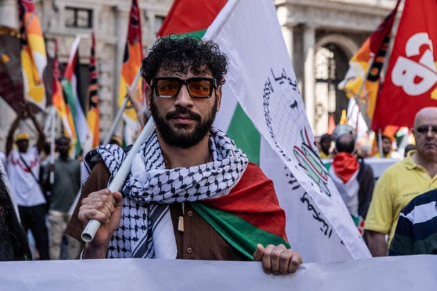General workers strike in Milan MILAN, ITALY - MAY 29: Hundreds of people holding flags and banners take part in a demonstration against the ongoing wars in Palestine, Lebanon, and Iran, and against public spending on armaments during general workers strike in Milan, Italy, on May 29, 2026. Andrea Carrubba Anadolu Milan Italy. Editorial use only. Please get in touch for any other usage.  Copyright: x2026xAnadoluxAndreaxCarrubbax