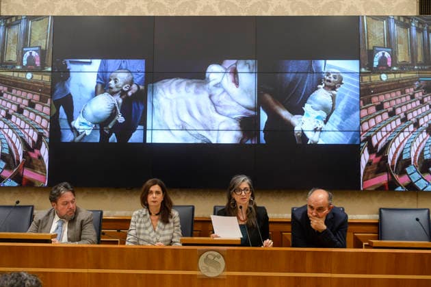 IPA85160291 - Rome Senate presentation of UN special rapporteur s report on the occupied Palestinian territories, pictured Dario Carotenuto Laura Boldrini Francesca Albanese Peppe De Cristofaro in the background pictures from Gaza  Copyright: xSTEFANOxCAROFEIx xSTEFANOxCAROFEIx xFOTOGRAMMAx 85160291