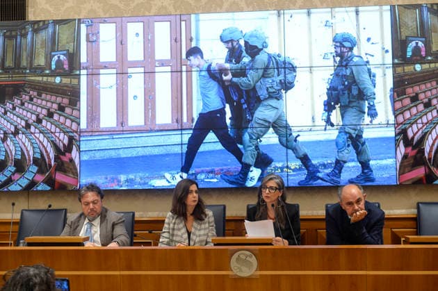 IPA85160305 - Rome Senate presentation of UN special rapporteur s report on the occupied Palestinian territories, pictured Dario Carotenuto Laura Boldrini Francesca Albanese Peppe De Cristofaro in the background pictures from Gaza  Copyright: xSTEFANOxCAROFEIx xSTEFANOxCAROFEIx xFOTOGRAMMAx 85160305