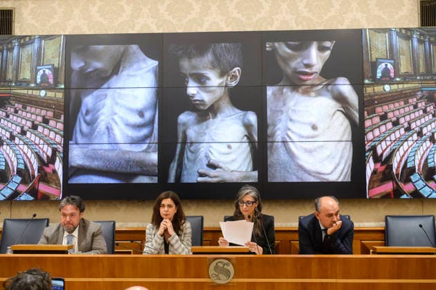 IPA85160315 - Rome Senate presentation of UN special rapporteur s report on the occupied Palestinian territories, pictured Dario Carotenuto Laura Boldrini Francesca Albanese Peppe De Cristofaro in the background images from Gaza  Copyright: xSTEFANOxCAROFEIx xSTEFANOxCAROFEIx xFOTOGRAMMAx 85160315