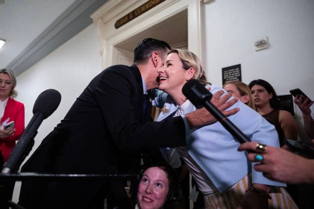 Bondi Deposition TW UNITED STATES - MAY 29: Ranking member Rep. Robert Garcia, D-Calif., greet Jeffrey Epstein survivor Dani Bensky before former Attorney General Pam Bondi sat for a House Oversight and Government Reform Committee deposition about the Epstein files, in Rayburn building on Friday, May 29, 2026. (Tom Williams CQ Roll Call) Washington DC United States EDITORIAL USE ONLY Copyright: x2026xCQ-RollxCall,xInc.x TomxWilliamsx rollcallpix171254