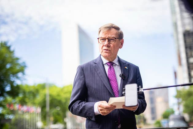 Johann Wadephul (CDU), Bundesaussenminister, aufgenommen im Rahmen eines Pressestatements in New York City, 29.05.2026. Der Minister reist in die USA fuer die Wahl zum nichtstaendigen Sitz im Sicherheitsrat der Vereinten Nationen. Fotografiert im Auftrag des Auswaertigen Amtes New York City Vereinigte Staaten von Amerika *** Johann Wadephul CDU , Federal Foreign Minister, photographed during a press statement in New York City, 29 05 2026 The Minister is traveling to the USA for the election for the non-permanent seat on the United Nations Security Council Photographed on behalf of the Federal Foreign Office New York City United States of America Copyright: xJulianexSonntag AAx