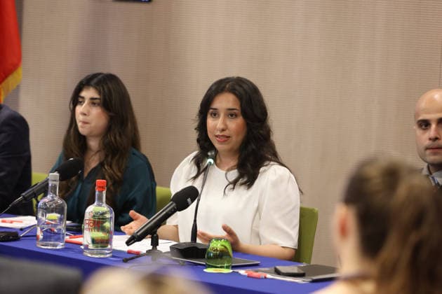 May 29, 2026, Brussels, Belgium: Rana Rahmanfard, a postgraduate in applied linguistics and member of the Anglo-Iranian youth committee, gestures while speaking at the panel. Representatives of Iranian youth communities from across Europe gathered for a press conference in Brussels titled Iran: Wave of Political Executions The EU™s Responsibility & Policy Options. During the event, human rights activists and youth association leaders presented a joint statement signed by over 1,000 young Iranians calling on the European Union to halt political executions in Iran, recognize the Iranian people s right to democratic change, and support the upcoming international demonstration in Paris on June 20. Brussels Belgium - ZUMAs197 20260529_aaa_s197_159 Copyright: xSiavoshxHosseinix