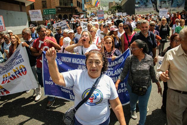 Retirees protest in Caracas on Senior Citizens’ Day over living conditions CARACAS, VENEZUELA - MAY 29: Retirees and pensioners gather at the corner of Salas Street on Senior Citizens’ Day to protest and demand improved living conditions, including a fair increase in pensions and access to essential social benefits, in Caracas, Venezuela, on May 29, 2026. Representatives from various sectors, including education, health, and universities, submit formal complaints and documents calling for dignified pensions, improved healthcare, and recovery of purchasing power. Diko Betancourt Anadolu Caracas Venezuela. Editorial use only. Please get in touch for any other usage.  Copyright: x2026xAnadoluxDikoxBetancourtx