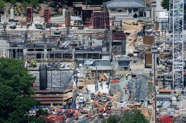 Workers continue construction on the White House Ballroom in Washington, DC on Friday, May 29, 2026. President Donald Trump has faced roadblocks as he seeks for $1 billion from Congress for the project.  WAP20260529045 AARONxSCHWARTZ