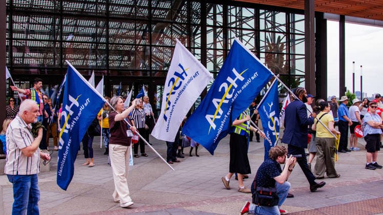 Fight Back Rally in Downtown Edmonton, Canada - 29 May 2026 600 Health Sciences Association of Alberta join the demonstration march through the streets of Downtown Edmonton to protest the Actions of the Provincial United Conservative Party Government. Downtown Edmonton Canada Copyright: xRonxPalmerx xSOPAxImagesx 2026_05_29Fightbackrally825455