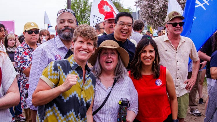 Fight Back Rally in Downtown Edmonton, Canada - 29 May 2026 Alberta NDP MLA s (L-R) David Shepherd, Janise Irwin, Peggy Wright, Nathan Ip and Rakhi Pancholi attend the Rally through the streets of Downtown Edmonton to protest the Actions of the Provincial United Conservative Party Government. Downtown Edmonton Canada Copyright: xRonxPalmerx xSOPAxImagesx 2026_05_29Fightbackrally825778