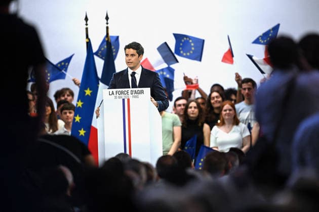 Gabriel Attal Meeting in Paris - France Gabriel Attal the 2027 presidential candidate for the Horizon political party delivering a speech to his audience with the slogan the power to act displayed on his lectern during the launch of his campaign in Paris in France on May 30, 2026. Photo by Franck Castel ABACAPRESS.COM Paris France  Copyright: xCastelxFranck ABACAx