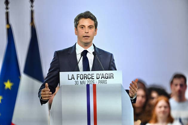 Gabriel Attal Meeting in Paris - France Gabriel Attal the 2027 presidential candidate for the Horizon political party delivering a speech to his audience with the slogan the power to act displayed on his lectern during the launch of his campaign in Paris in France on May 30, 2026. Photo by Franck Castel ABACAPRESS.COM Paris France  Copyright: xCastelxFranck ABACAx