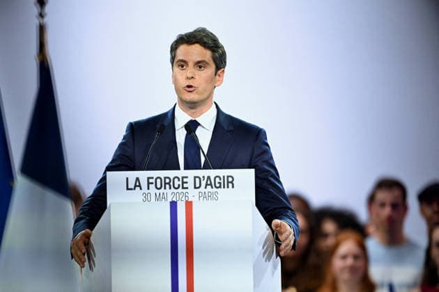 Gabriel Attal Meeting in Paris - France CAPTION CORRECTED - Gabriel Attal the 2027 presidential candidate for the Renaissance political party delivering a speech to his audience with the slogan the power to act displayed on his lectern during the launch of his campaign in Paris in France on May 30, 2026. Photo by Franck Castel ABACAPRESS.COM Paris France  Copyright: xCastelxFranck ABACAx