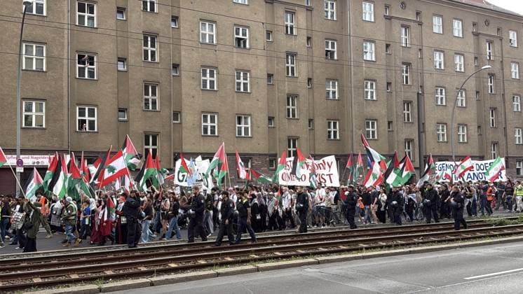 Israeli attacks on Palestine and Lebanon protested in Berlin BERLIN, GERMANY - MAY 30: Police take security measures as demonstrators, holding banners and flags, march near the Eberswalder Strasse metro station in the Prenzlauer Berg district to protest against Israel s attacks on Palestine and Lebanon, in Berlin, Germany, on May 30, 2026. A large number of participants gathered to voice their opposition to Germany s arms supplies to Israel and its military actions in Palestine and Lebanon. Erbil Basay Anadolu Berlin Germany. Editorial use only. Please get in touch for any other usage.  Copyright: x2026xAnadoluxErbilxBasayx