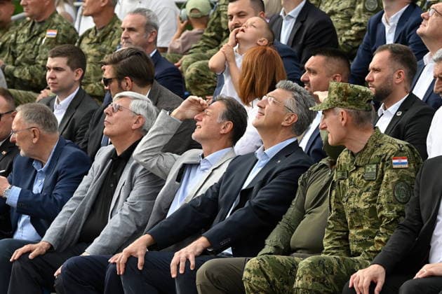 Zagreb, 30.05.2026 - National Day celebrated on Jarun Croatia, Zagreb, 300526. Jarun Recreational and Sports Center. On the occasion of the Statehood Day, a special program was organized, which included attractive exercises to demonstrate the capabilities of the Croatian Army with the participation of guests from the partner countries of Austria, Italy, Hungary, the United States and Slovenia. In the photo: Zeljko Reiner, Gordan Jandrokovic, Andrej Plenkovic, Tihomir Kundid. Photo: Goran Mehkek CROPIX Zagreb Croatia Copyright: xxGoranxMehkekx dan_drzavnosti_vojska37-300526